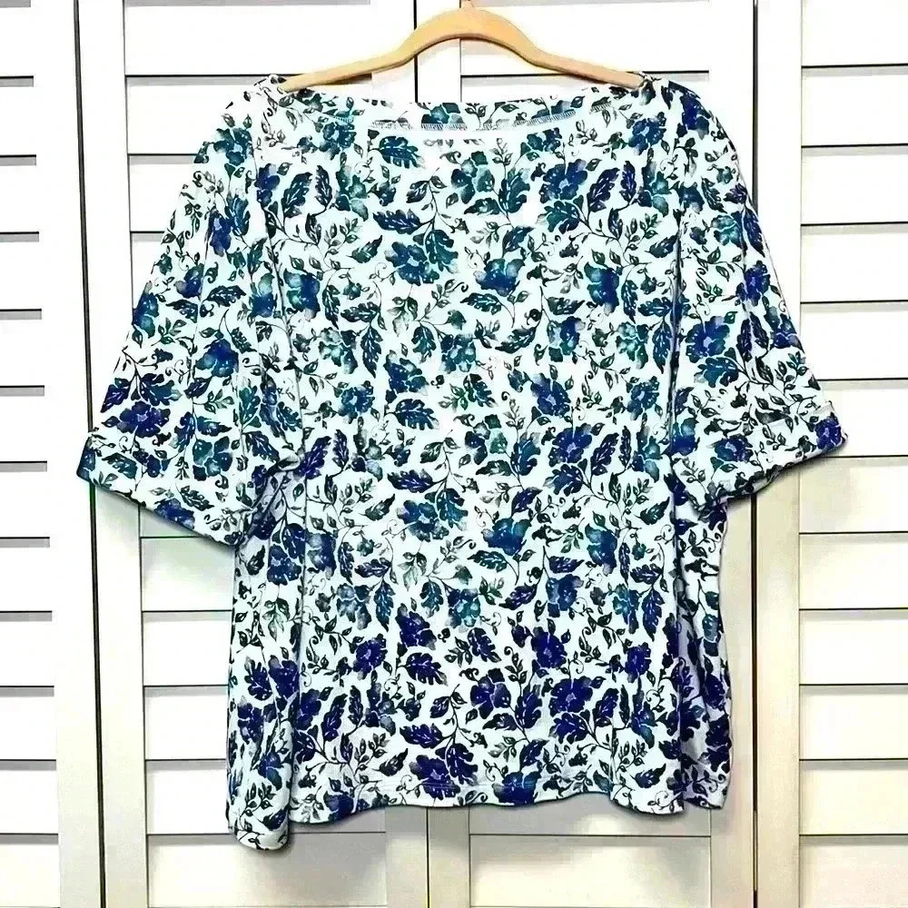 Appleseed’s Cotton Blue & White Floral Elbow Sleeve Top Size 3X